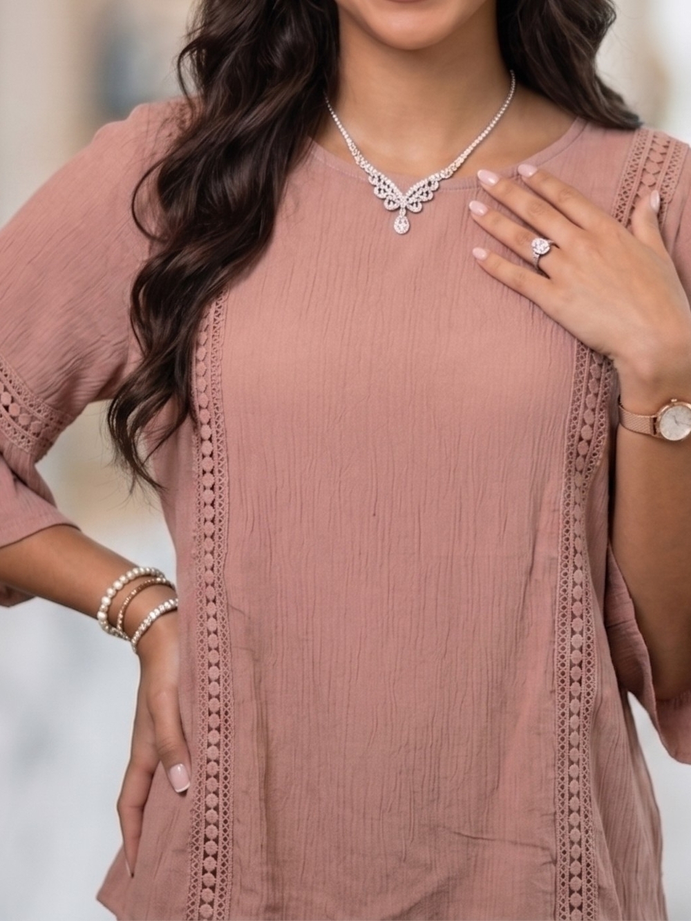 Women’s Crochet-Trim Blouse in Dusty Rose Size